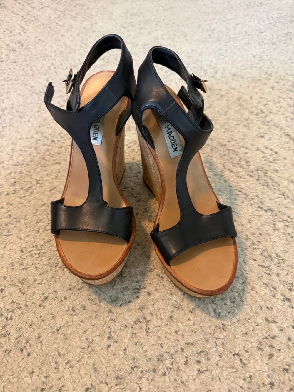 Steve Madden Black Leather T-Strap Cork-Wedge Sandals